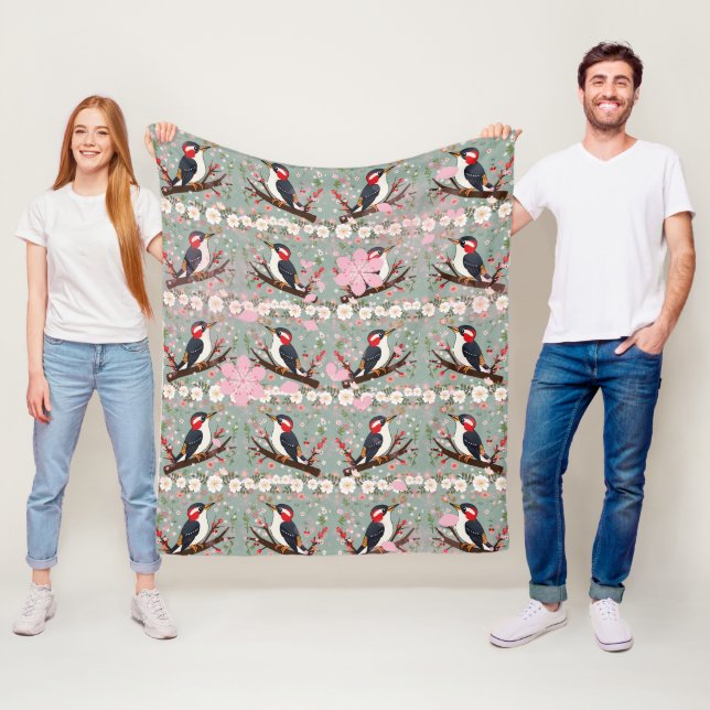 Woodpecker Floral Pattern Fleece Blanket (In Situ)