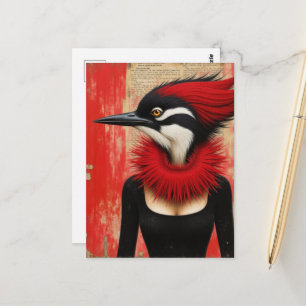 Woodpecker in a black dress fantasy postcard