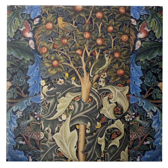 WOODPECKER IN FRUIT TREE ,BIRDS ,PEACOCKS ,BLUE  CERAMIC TILE (Front)