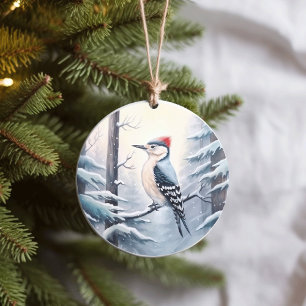 Woodpecker in Snowy Winter Woodland Christmas Ceramic Ornament