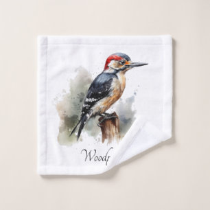 woodpecker sitting on a pole in watercolor wash cloth