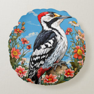Woodpecker Surrounded by Blooming Flowers Round Cushion