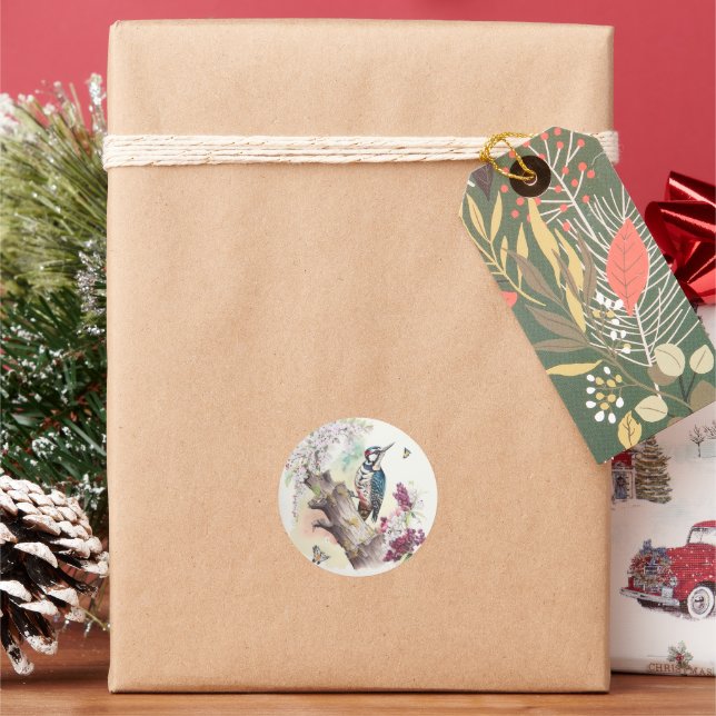 Woodpecker Watercolor Classic Round Sticker (Holiday)