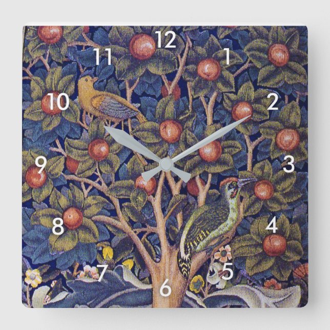 Woodpecker, William Morris Square Wall Clock (Front)