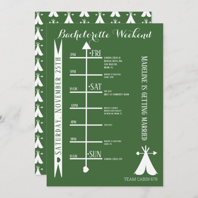 Woods Camp Bachelorette Weekend Getaway Itinerary Invitation (Front/Back)