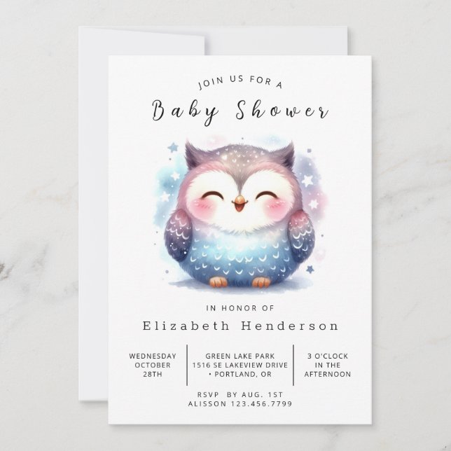 Woods Editable Owl Baby Shower Invitation (Front)