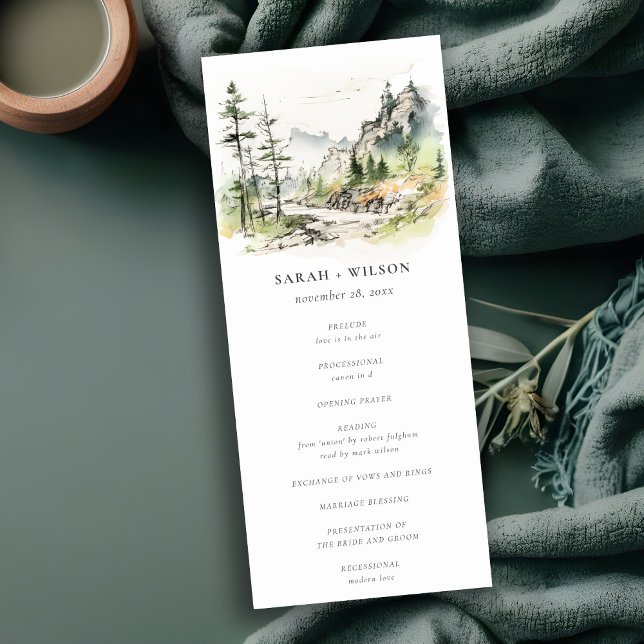 Woods Mountain Landscape Sketch Wedding Program (Creator Uploaded)