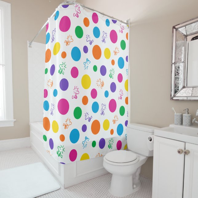 Woodstock Rainbow Polka Dot Pattern Shower Curtain (In Situ)