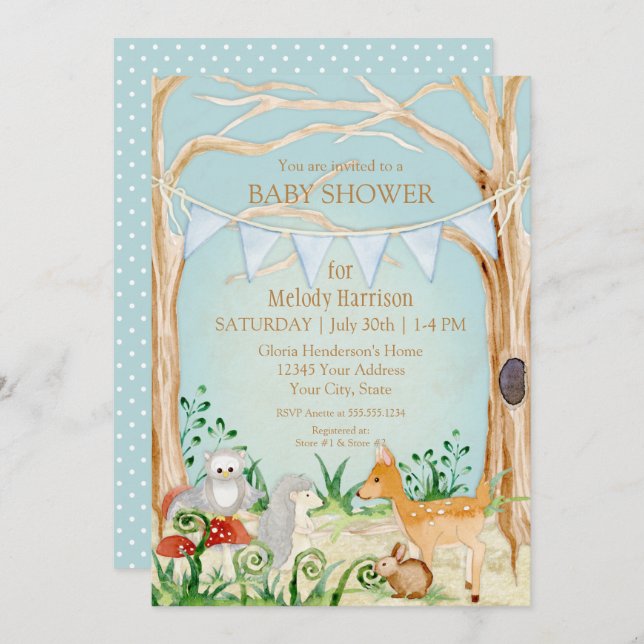 Woodsy Boho Animal Deer Fox Rabbit Owl Baby Shower Invitation (Front/Back)