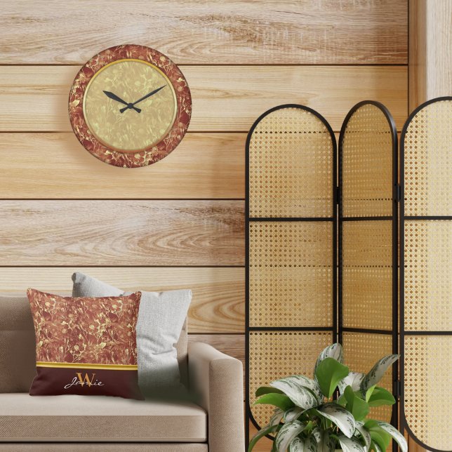 Woodsy Brown Abstract Cosmos Gold Trim Monogram Cushion (Creator Uploaded)