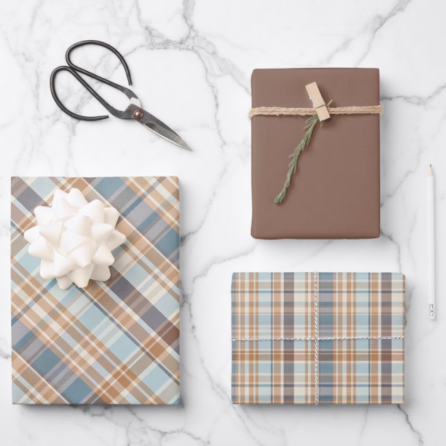 Woodsy Brown, Greys, Tan & Cream Plaid Wrapping Paper Sheet (Front)