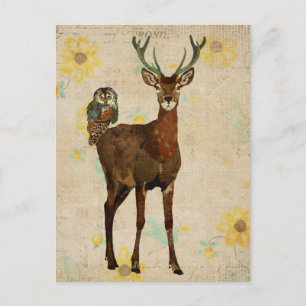 Woodsy Elk & Teal Owl Postcard