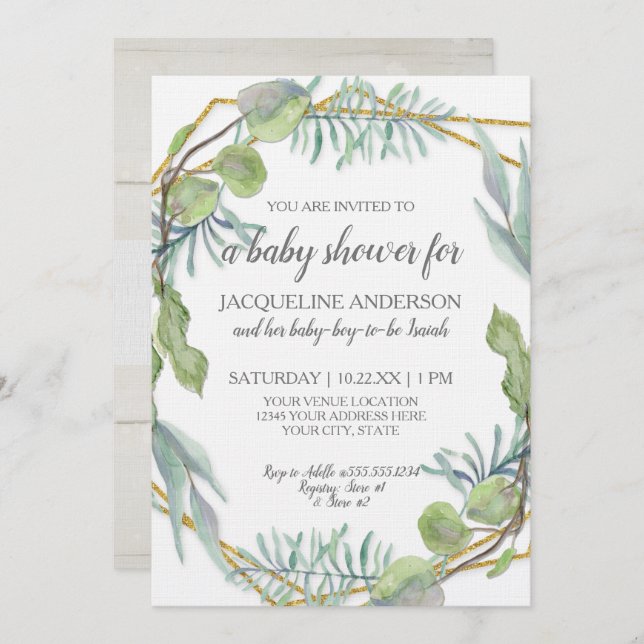 Woodsy Greenery Gender Neutral Baby Shower Wood Invitation (Front/Back)