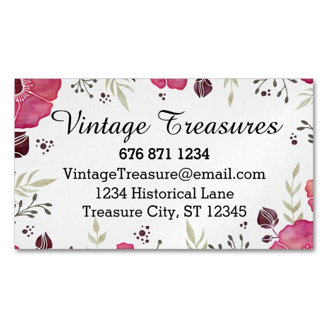 Woodsy Leaf and Floral Pink and Grey Pattern Magnetic Business Card (Front)