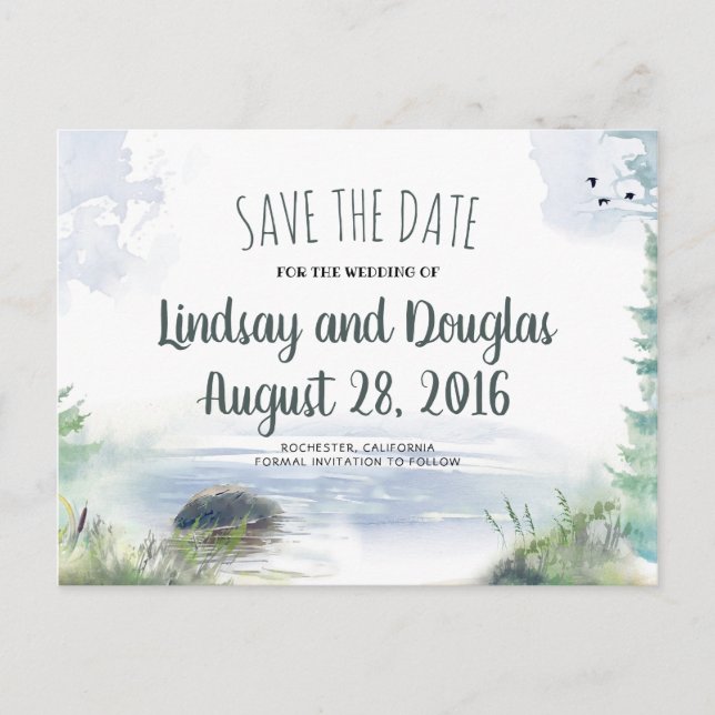 Woodsy Mountains Lake Adventure Save the Date Announcement Postcard (Front)