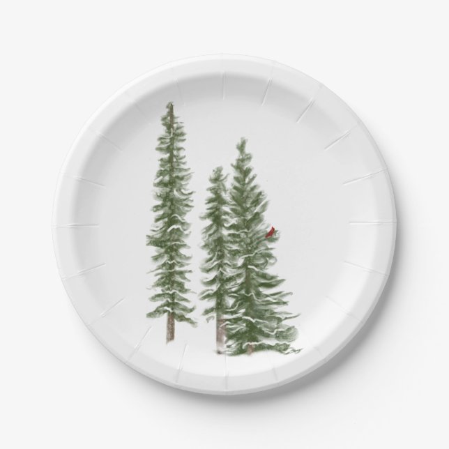 Woodsy Winter evergreen and cardinal Paper Plate (Front)