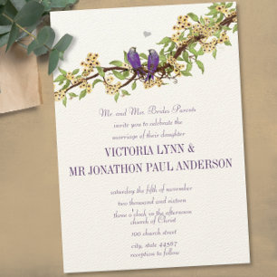 Woodsy Yellow Purple Love Bird Wedding Invitations