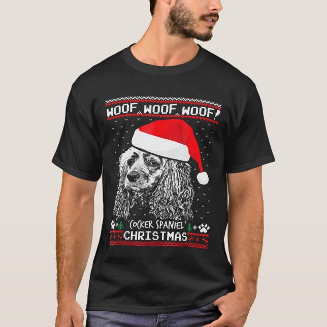 Woof Cocker Spaniel Christmas Funny Xmas T-Shirt (Front)