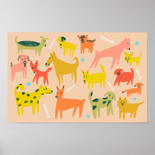 Woof! Colourful Funny Dogs Illustration Poster (Front)