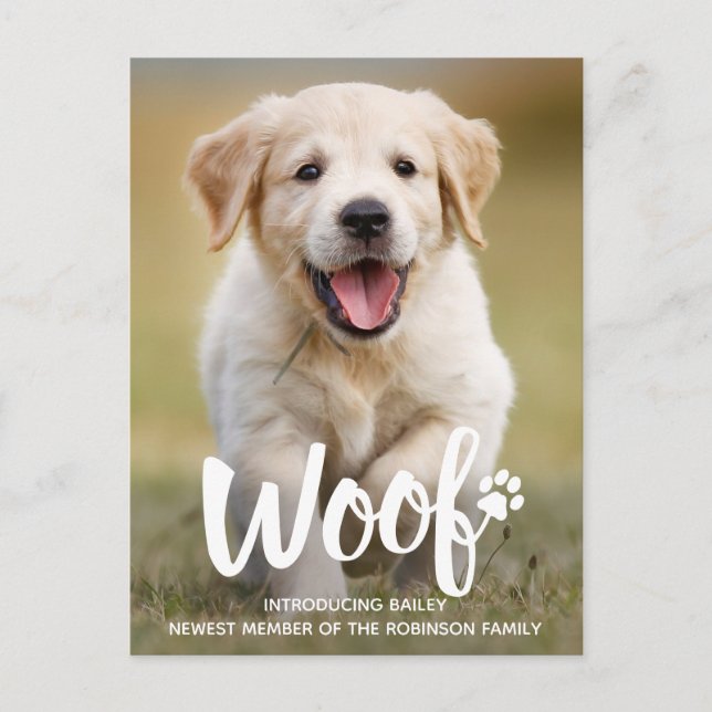 Woof Cute Puppy Personalised Photo Dog New Pet Announcement Postcard (Front)
