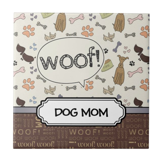 WOOF! Dog Lover - Puppies pattern personalised Ceramic Tile (Front)