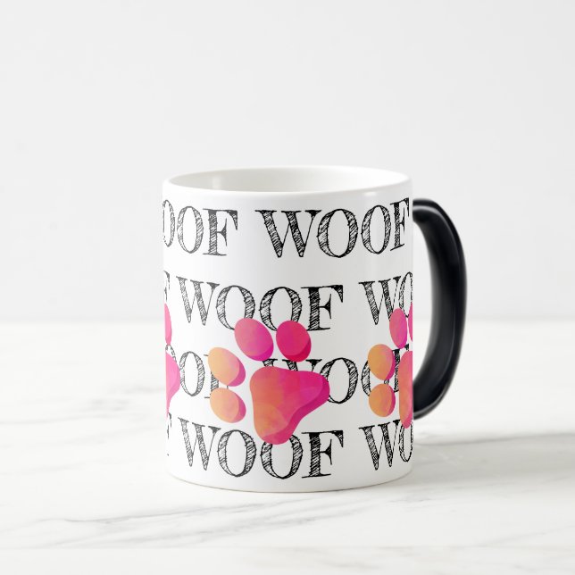 WOOF Pattern Pink Paw Print Colourful Modern Fun  Magic Mug (Front Right)
