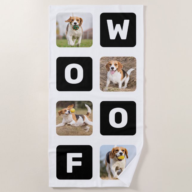 Woof Personalised Pet Dog Lover Photo Collage Beach Towel (Front)