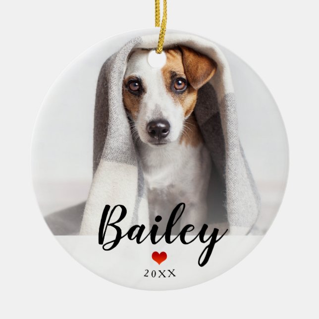 Woof | Sweet Red Heart with Dogs Photo and Name Ceramic Ornament (Front)