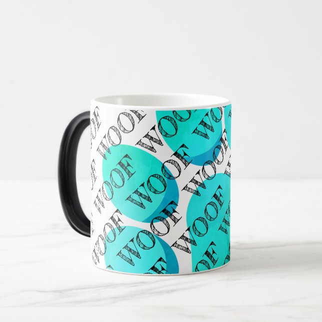 woof typography aqua dog paw print modern pet fun magic mug (Front Left)