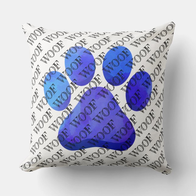 WOOF Typography Blue Paw Print Modern Dog Pet Fun Cushion (Front)