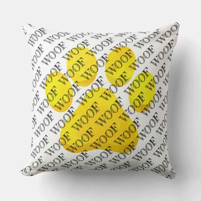 WOOF Typography Dog Paw Print Modern Pet Fun Cushion (Front)