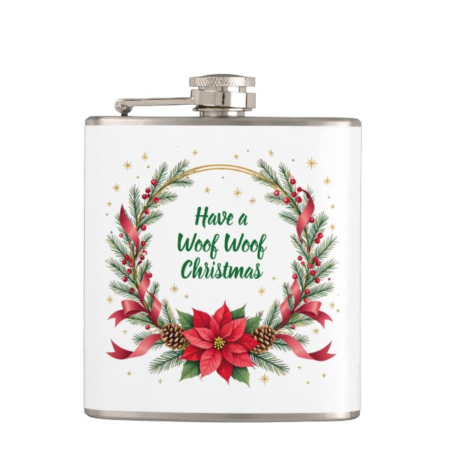 Woof Woof Christmas Flask - Customizable Text  (Front)