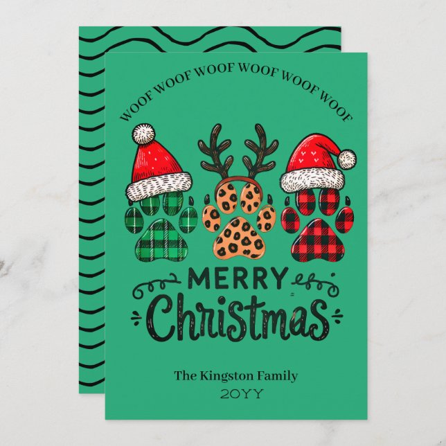 Woof Woof Merry Christmas Wishes GreenHoliday Card (Front/Back)