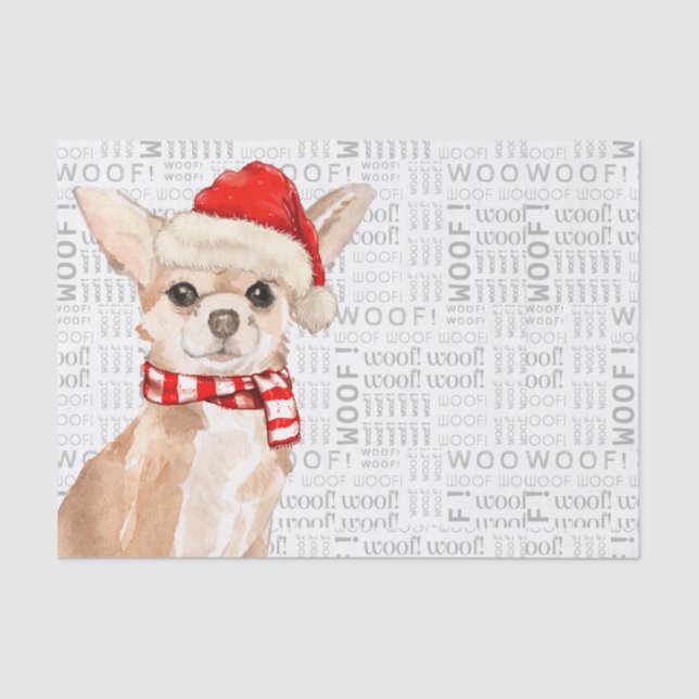 Woof Word Art and Christmas Chihuahua Santa Dog Tissue Paper (Front)