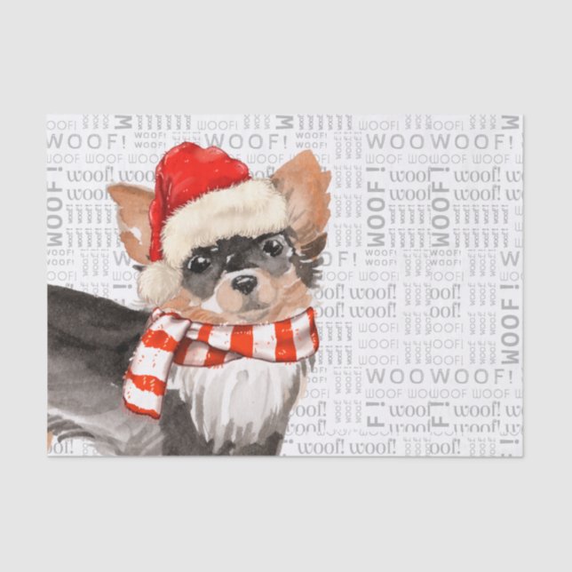 Woof Word Art and Long-Haired Chihuahua Santa Dog Tissue Paper (Front)
