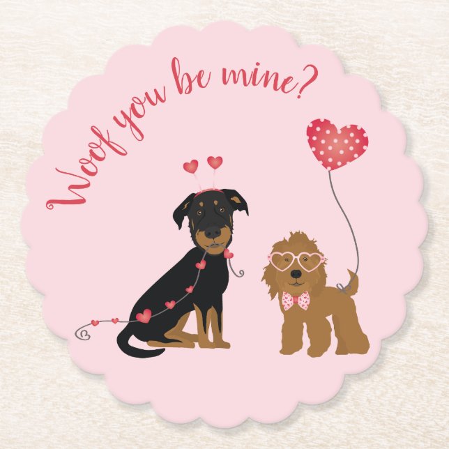 Woof You Be Mine Valentine Dogs Paper Coaster (Front)