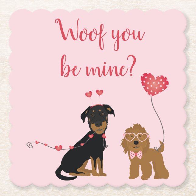 Woof You Be Mine Valentine Dogs Paper Coaster (Front)