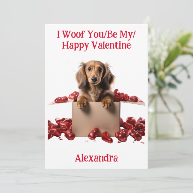 Woof You/Be My/Happy Valentine Dachshund Puppy Holiday Card (Standing Front)