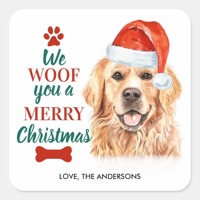 Woof You Merry Christmas Cute Dog Golden Retriever Square Sticker (Front)