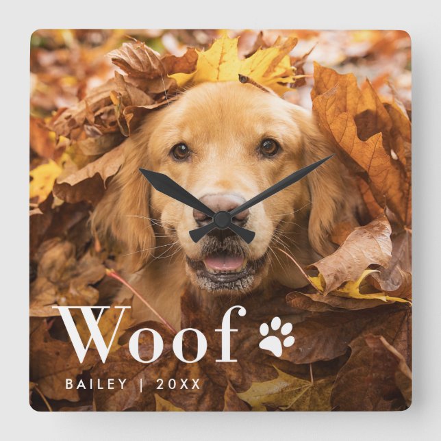 Woof | Your Dog's Photo and a Paw Print Square Wall Clock (Front)