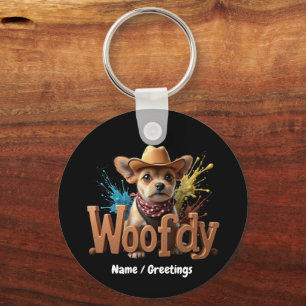 Woofdy Funny Western Cowboy Dog in Texas Key Ring