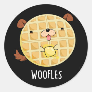 Woofles Funny Doggy Waffle Pun Dark BG Classic Round Sticker