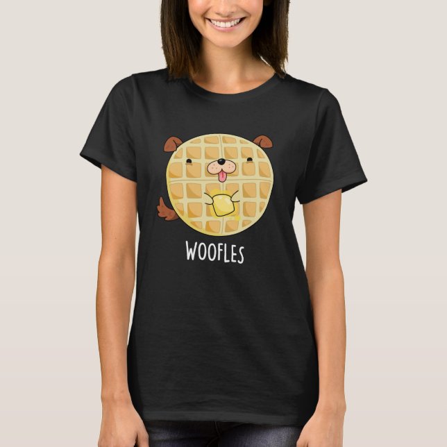 Woofles Funny Doggy Waffle Pun Dark BG T-Shirt (Front)