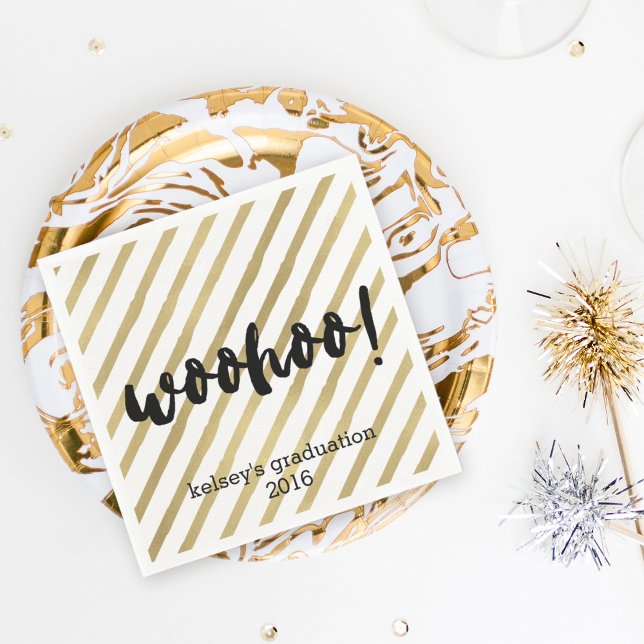 Woohoo | Black & Faux Gold Stripe Graduation Napkin (Creator Uploaded)