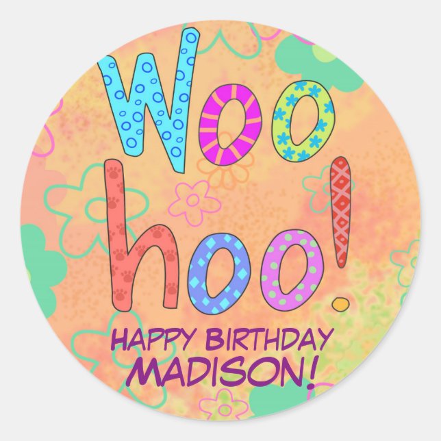 WooHoo Orange Word Art Birthday Name Personalised Classic Round Sticker (Front)