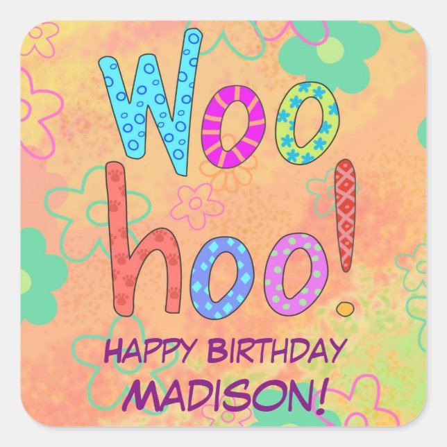WooHoo Orange Word Art Birthday Name Personalised Square Sticker (Front)