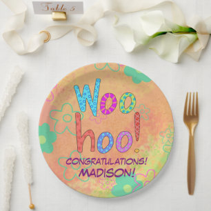 Woohoo Word Art Name Personalized Congratulations Paper Plate