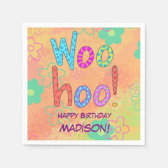 Woohoo Word Text Art Name Personalised Birthday Napkin (Front)