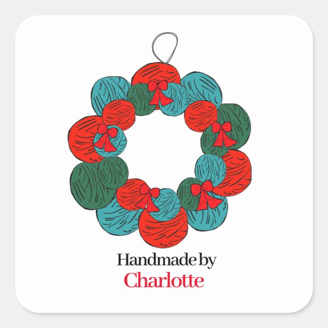 Wool balls pompon Christmas wreath handmade Square Sticker (Front)