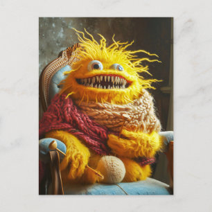 Wool monster crocheting in a chair. Funny Postcard